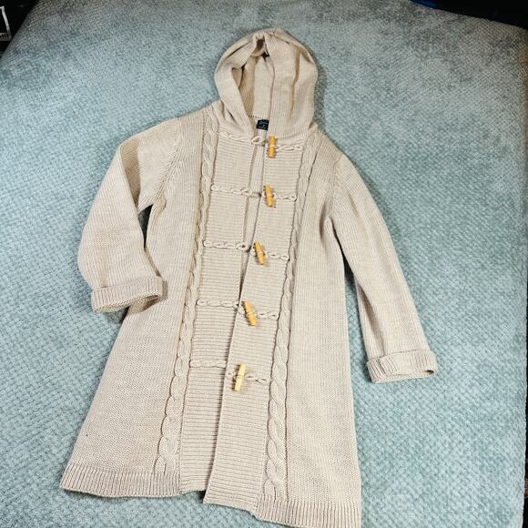 Vintage BONNIELEE Cream Duffle Cable Knit Hooded Long Line Cardigan Sweater Wool - Picture 1 of 6
